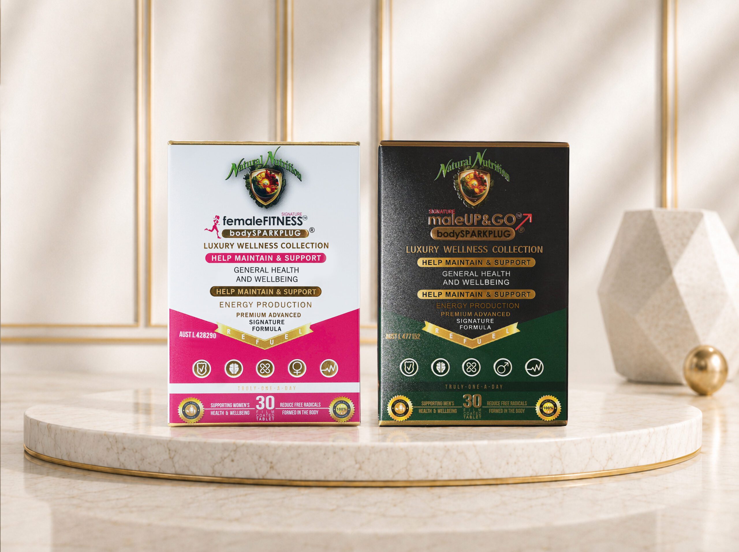 femaleFITNESS and maleUP&GO bodySPARKPLUG products